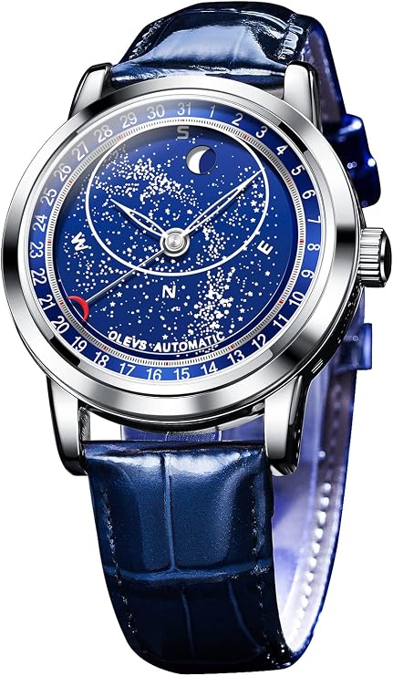 OLEVS Starry Sky Moon Phase Men's Automatic Mechanical Wrist Watch Blue Leather Luxury Dress Waterproof Luminous Watch, Silver, Mechanical