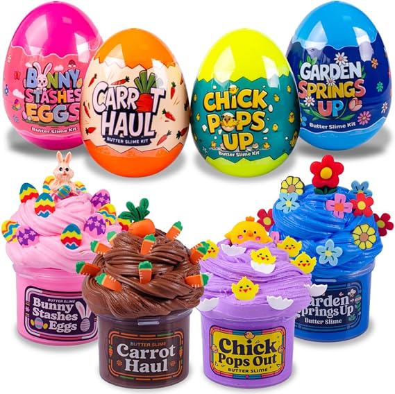 Waybla 4-Pack Butter Slime in Plastic Eggs, Easter Clay Slices, Figurines - Sensory Toy for Kids, Easter Egg Hunts, Basket Fillers