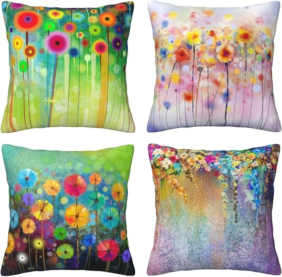 Abstract Floral Pillow Covers 18x18 Set of 4 Colorful Bright Spring Summer Natural Throw Pillow Case Cushion Case Wild Flowers Pillowcases for Room Decoration Farmhouse Couch