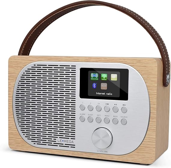 LEMEGA M2P Internet Radio Player,FM Radio Tuner, Bluetooth Speaker, Spotify Connect, Dual Alarms Clock, Kitchen/Sleep/Snooze Timer, Mains and Battery Powered,Colour Display, App Control-White Oak