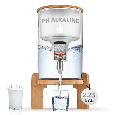 Invigorated Water pH Recharge Glass Alkaline Water Filter Dispenser System | 36-Cup, Eco-Friendly, Glass Water Filter Dispenser For Home and Office, Removes Chlorine, Heavy Metals - (Bamboo Classic Set)