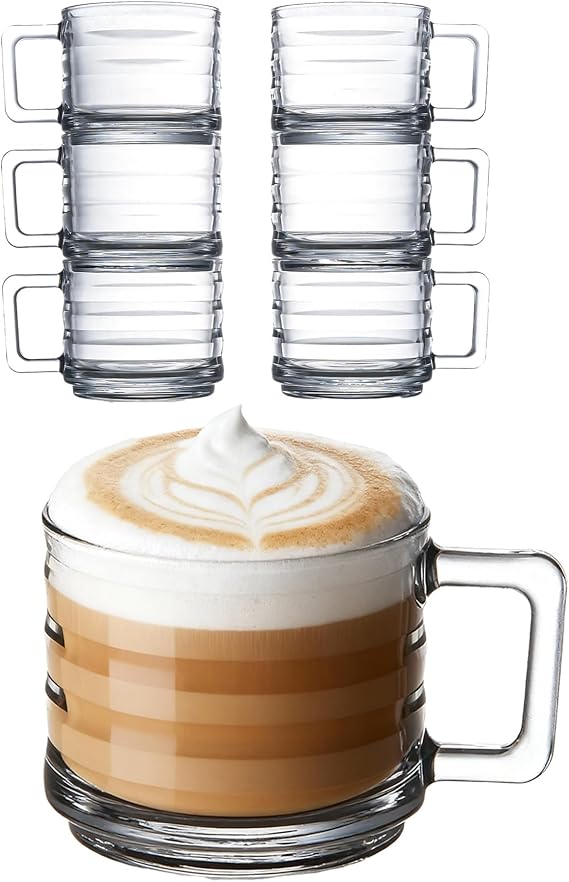 Stackable Coffee Cup Set, Fully Tempered Coffee Mug With Handle, Tea Cup Set, Cappuccino Cup, Ribbed Glassware, Vintage Glass Coffee Mugs, Turkish Coffee Cup Set (250cc/8.5oz) (Set of 6)