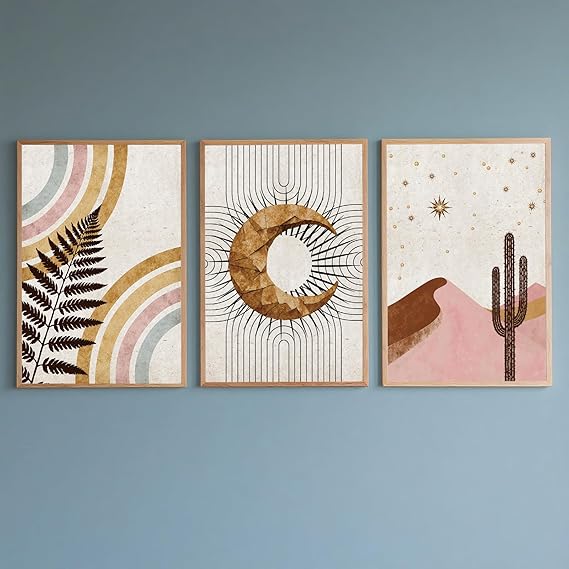 PWAAHDC Boho Abstract Wall Art Prints Set of 3, Unframed Modern Posters for Living Room and Bedroom, Minimalist Home Wall Decor, A4