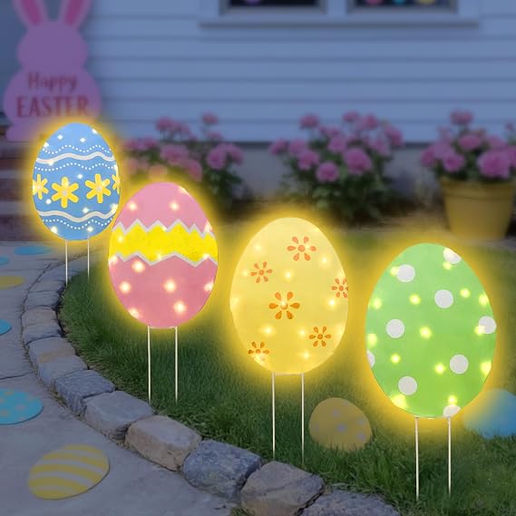 EAMBRITE Easter Decorations Outdoor Easter Egg Lights, Lighted Large Eggs Stake/Hanging/Table with Timer for Yard Signs, Window, Home, Pathway, Lawn, Garden, Spring, Indoor Outside Decor