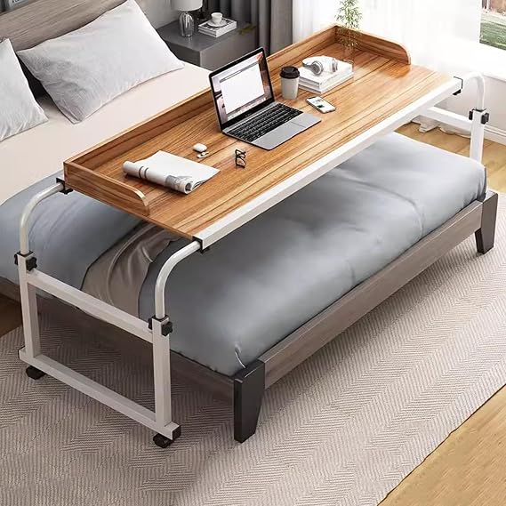 Overbed Mobile Bedside Table with,Computer Table with Wheels Adjustable Height Food Tray Desk Rolling Medical Table Standing Over Bed Table King Size Rolling Bed Bar Table(Color:Wood)
