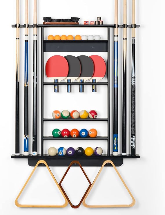 Pool Cue Rack Wall Mount, Billiard & Ping Pong Paddle Storage Organizer