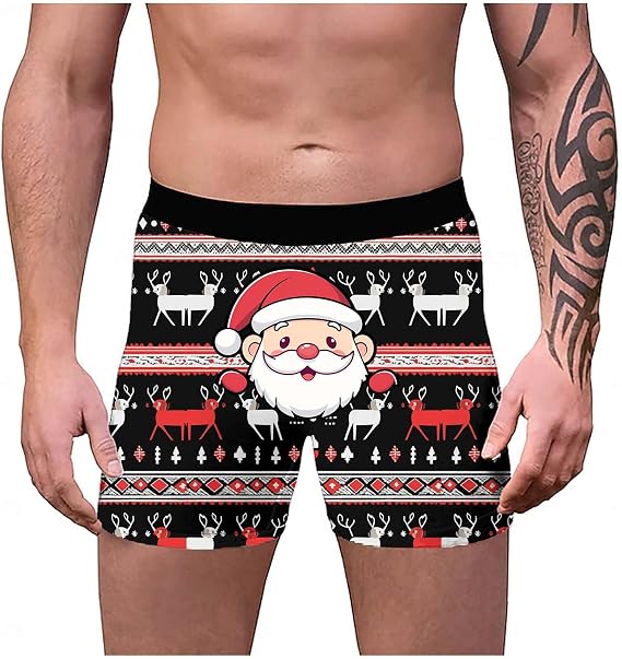 Novelty Boxers for Men, Designer Boxers for Men, Underwear Loose Festive Costumes Plus Size 3d Novelty Xmas Underpants Breathable Comfortable Retro Boxers Reindeer Snowflake Santa Claus Printed Soft