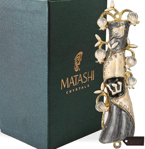Matashi Mezuzah for Door with Scroll, Hand Painted Grey & Gold Enamel
