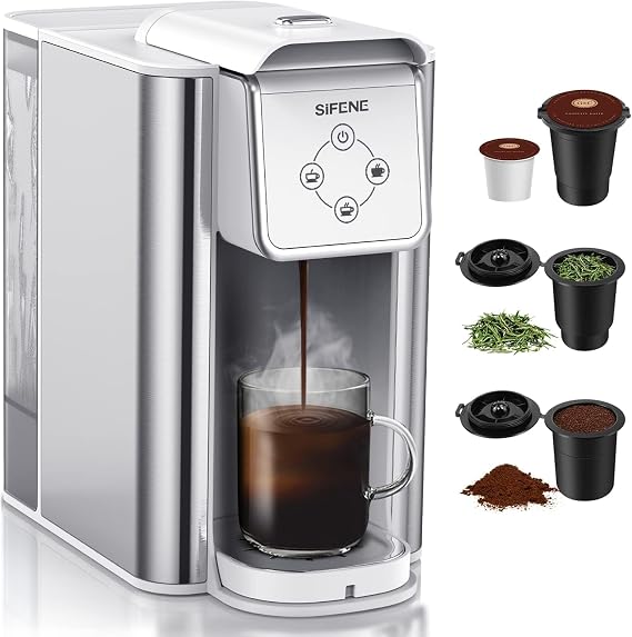SIFENE 3-in-1 Single Serve Coffee Maker for Pods, Grounds & Tea, White