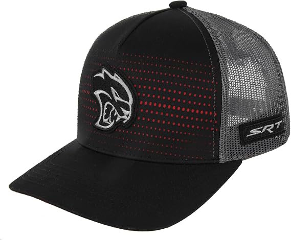 Dodge SRT Hellcat Rumble Snapback Trucker Hat Black Red Mesh Cap with Embroidered Hellcat Logo Patch & SRT Side Patch, Licensed