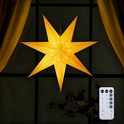 Hiboom Paper Lantern 24 Inch, 8 Mode 50 LEDs Firework Fairy String Lights, Light up Hollow Out Star Hanging Decoration for Indoor Outdoor Room Wedding Christmas Party 7-Point Star, 1 Set
