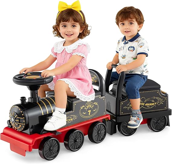 HONEY JOY 2-Seater Ride on Train with Detachable Carriage, Trackless Electric Car for Kids, Under-Seat Storage, Whistle, Music & Colorful Flashing LED Lights, 10-Wheel Toddler Ride On Toy Gift (Black)