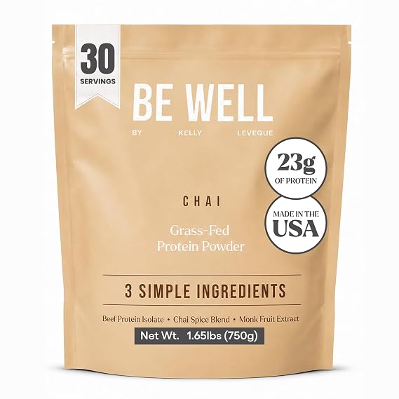 Be Well by Kelly Grass Finished Beef Protein Powder Chai Flavor | Organic Chai Blend, 23G of Clean Protein Powder & 1G Carbs, 3 Ingredients, 9 EAAs + 3 BCAAs, No Dairy - 1.65lb (30 Servings)
