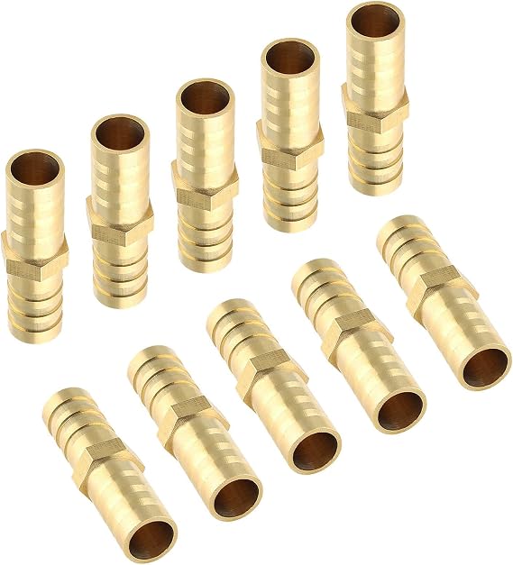 Piutouyar 10Pcs Brass Hose Barb Fitting, 3/8" x 3/8" Hose ID | Brass Hex Barbed Splicer Mender Barb Hose Union, Fuel, Gas, Water, Air, Oil