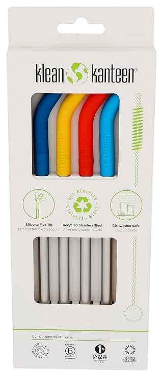 Klean Kanteen Recycled Stainless Steel Straw Set - Food Grade Silicone - With Straw Cleaner Brush - Multicolor, 4 Pack