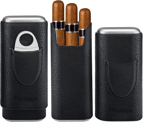 COOL KNIGHT Leather Cigar Case - Cedar Wood Lining Travel Humidors for Cigars - Cigar Accessories Include Stainless Steel Cigar Cutter - Cigar Gift Box for Cigar Lovers (Black)