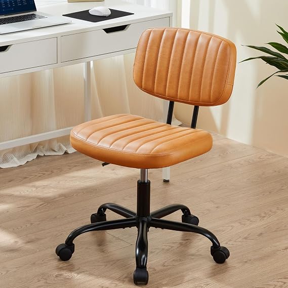 Sweetcrispy Office Desk Chair, Small Home Vanity Chair, Lumbar Support | Armless PU Leather, Height Adjustable Rolling Swivel Task, Bedroom Home Student, Brown