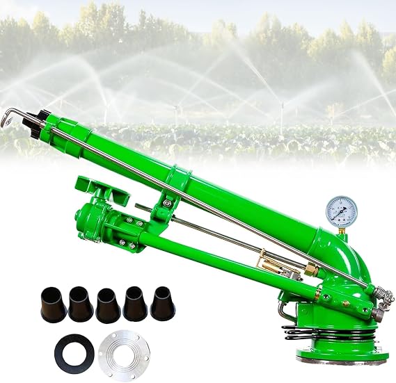 Farm Irrigation Sprinkler, with Pressure Gauge and 6 Nozzle, 360 Large-Area Watering, 50mm(2 Inch) Impulse Impact Sprinkler, for Lawn and Garden Irrigation
