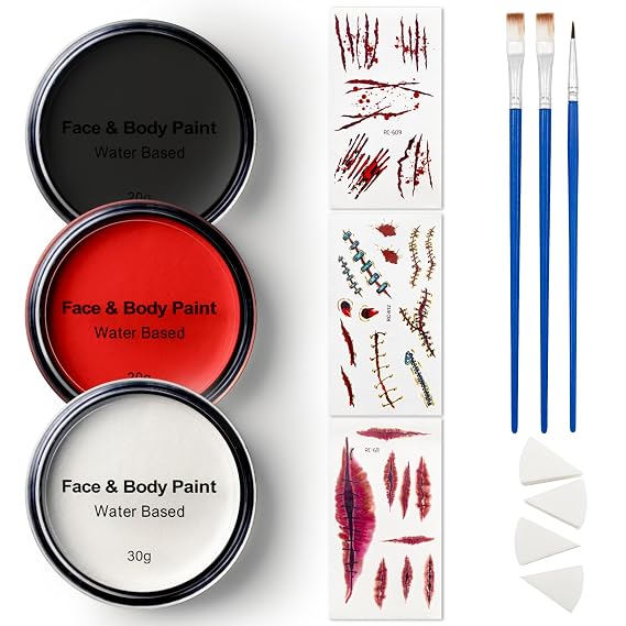 Halloween Face Painting Kit with Temporary Tattoo, Water Based Paint