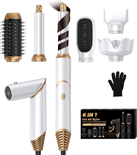 6 in 1 Hair Dryer Brush, Foldable Blow Dryer Brush with Wrap Curler, Detachable Air Hair Styler Curling, Drying,Volumizing, Straightening, Negative Ionic Hair Dryer with Diffuser, Hair Styling Tools