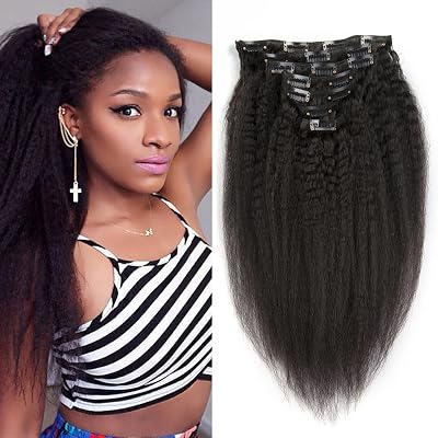 Kinky Straight Clip In Hair Extensions For Black Women 7pcsset Coarse Yaki Clip In Human Hair Extension Double Weft Natural Hair Kinky Straight Clip Ins 16Inch-70gram,Natural Color