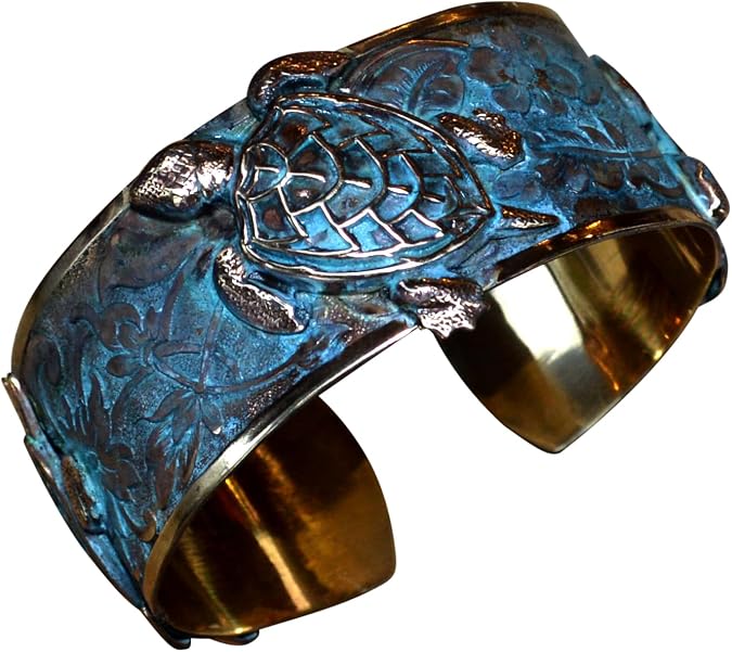 Verdigris Patina Solid Brass Classic Sea Turtle Cuff Bracelet by Elaine Coyne Made In USA Wearable Art