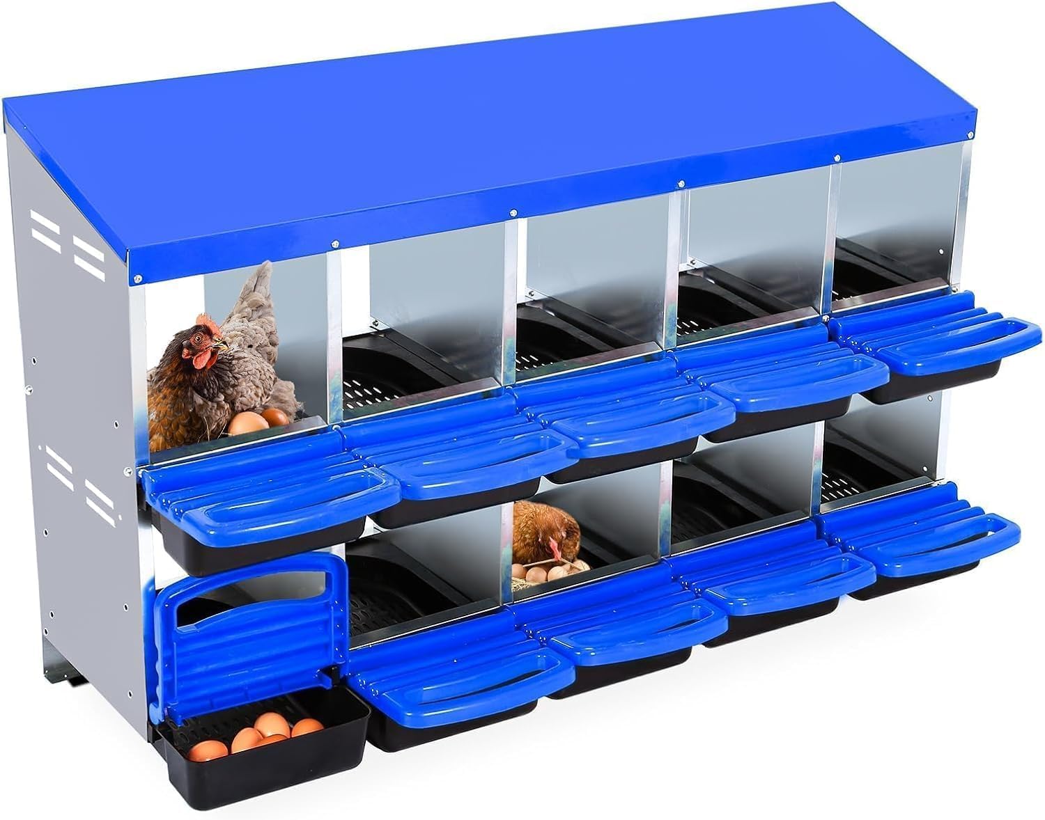 10-Hole Chicken Nesting Box with Removable Lid, Metal Chicken Coops with Roll Away DesignEasy Egg CollectionVentilation Holes, for Chickens Coops, Duck and Hens