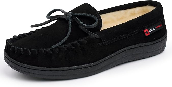 Alpine Swiss Sabine Womens Moccasin Slippers Genuine Suede House Shoe Memory Foam Insole Plush Faux Shearling Fur Indoor Outdoor Anti-Slip Rubber Sole