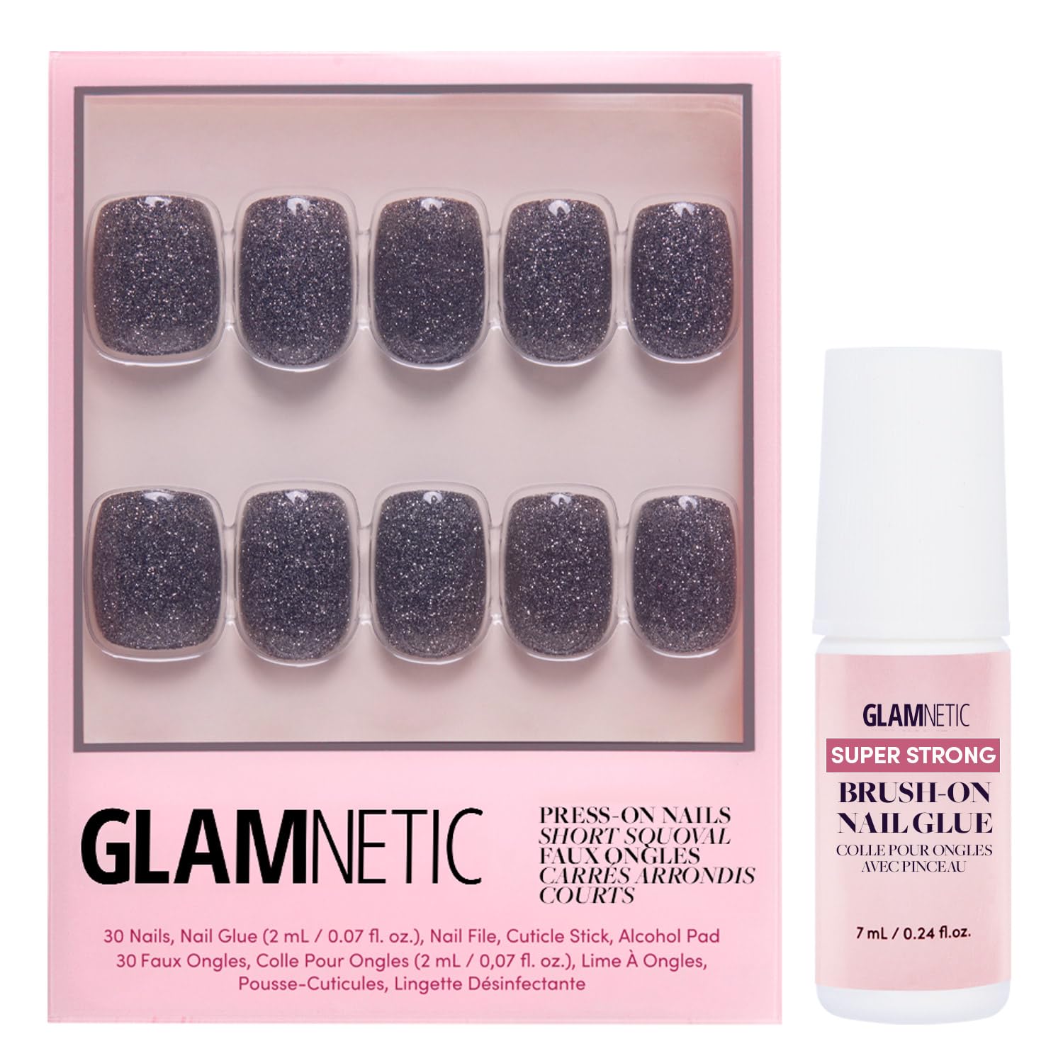 Glamnetic Press On Nails & Brush On Nail Glue Bundle - Cosmic | Sparkly Black Short Squoval Fake Nails, Reusable | 15 Sizes - 30 Nail Kit with Glue