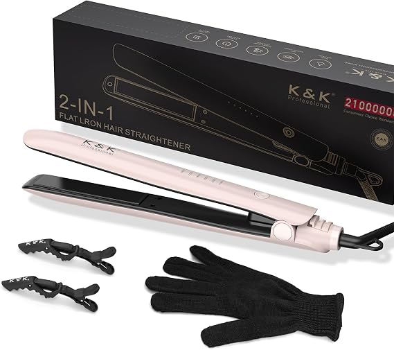 K&K Flat Iron 2 in 1 Curler Tourmaline Titanium Hair Straightener 1 inch Plate 4D 360Swivel LED Display for Woman Short Hair Adjustable Temperature Dual Voltage 110v-220v Auto Shut Off