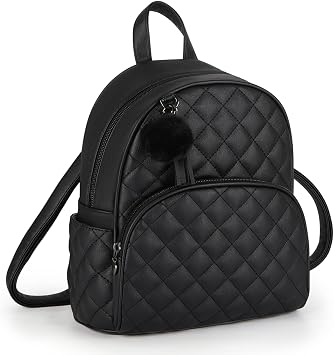 ECOSUSI Mini Backpack for Women Leather Small Backpack Purse for Ladies Cute Pom Bookbag Travel Shoulder Bag with Charm Tassel Black