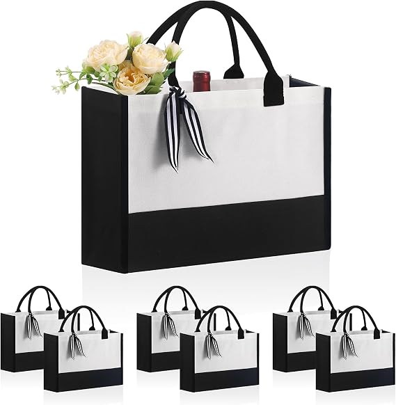 OKBA 6 PCS Personalized Classic Canvas Tote Bag(Black and White),Inside Zipper Pocket Grocery Tote DIY Gift,for Wedding,Birthday,Beach,Perfect Gifts for Women,Mom,Teachers,Friends