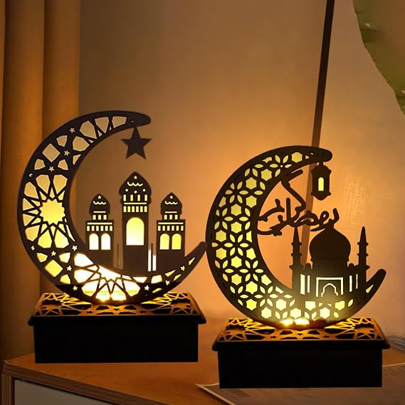 FUFRE Pack of 2 Ramadan Decorative Lantern Ramadan Decoration Crescent Moon Star Lights Muslim Islam Eid Ramadan Festival Decorations Crescent Moon Night Light for Parties Home and as a Gift (2PCS-B) [Energy Class A+]