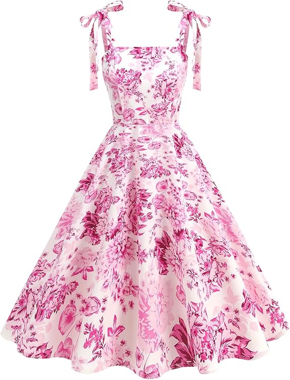Women 1950s Dresses Elegant Floral Vintage Rockabilly Dress 50s Cocktail Party Spaghetti Strap A-Line Swing Midi Dresses