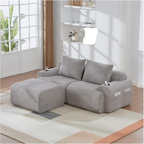 Modern LShaped Modular Sofa 3Seater Corduroy Couch Curved Design with rage Ottomans Comfortable Gray Corner Sofa for Living Room