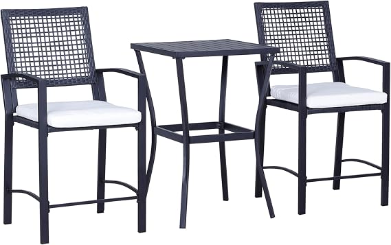 Outsunny 3pcs Patio Bar Set with Soft Cushion, Rattan Wicker for Poolside