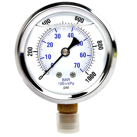 Liquid Filled 0-1,000 PSI Lower Side Mount Air Pressure Gauge with 2.5" Face