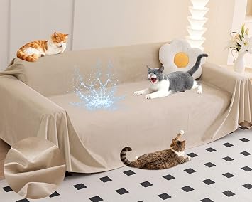 Loiion Cat Scratch Furniture Protector - Ultra Soft, Waterproof Sofa Cover to Keep Cats Off, Pet-Friendly Couch Protectors for Love Seat, Anti-Slip Couch Cover for Pets and Kids 118"X71" Almond