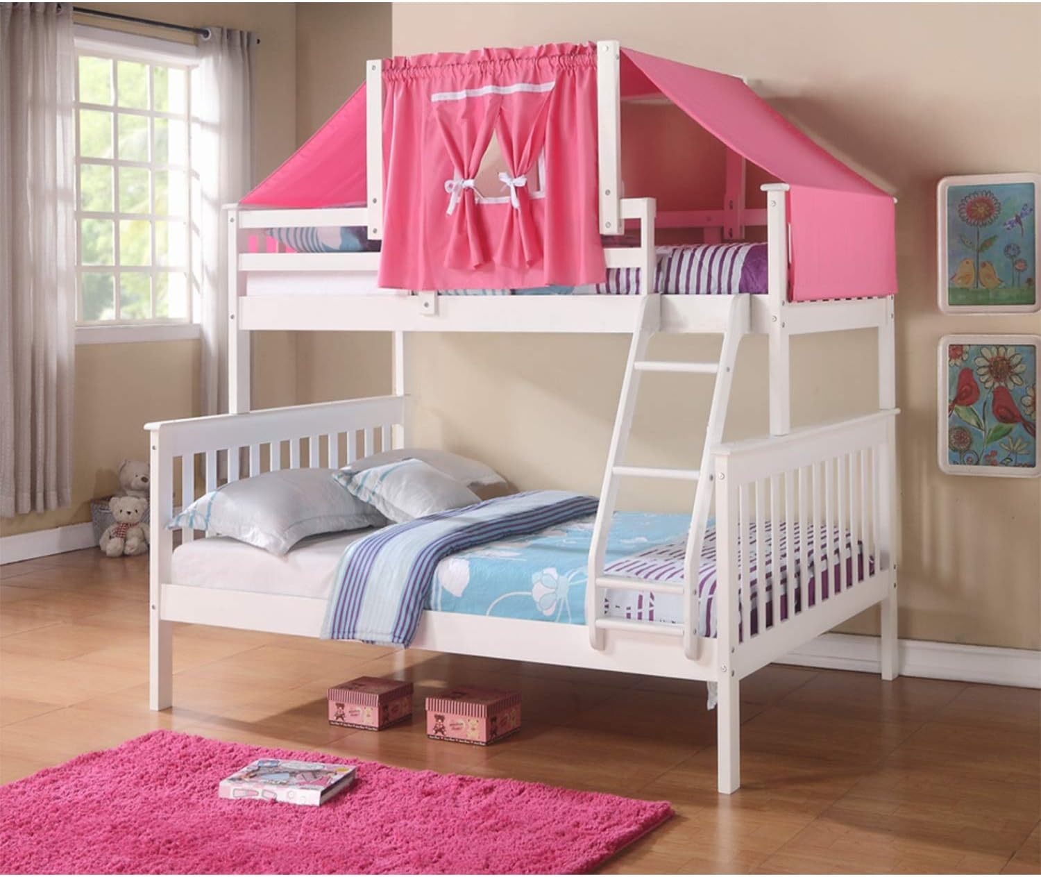 DONCO Kids 755-W-TwinPink Wooden Tent Structure Bed with Fabric, Twin, WhitePink