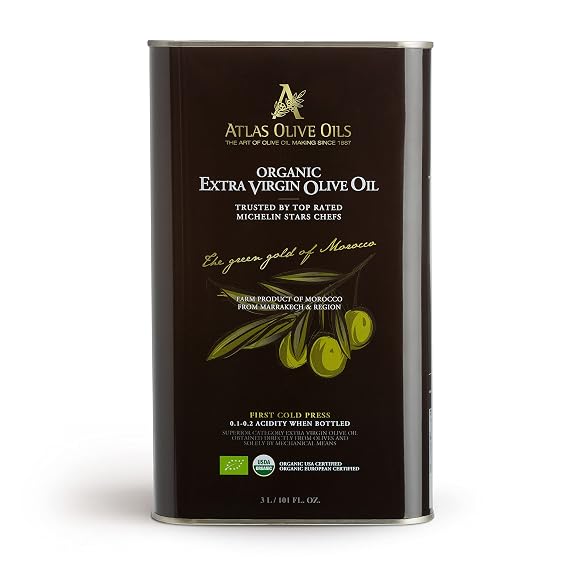 Atlas Organic Extra Virgin Olive Oil, Moroccan, High Polyphenol, 3 L Tin