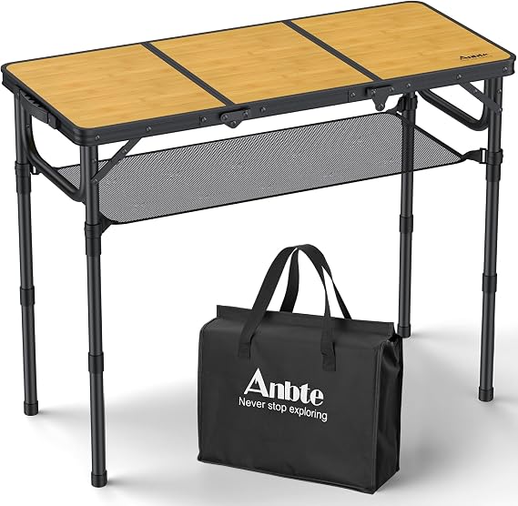 Anbte 3ft Camping Table Foldable with Storage Net and Bag, 3 Adjustable Heights High 27.5" Aluminum Camping Table, Portable, for Outdoor Indoor Backyard Bbq Cooking Party Picnic Beach, Yellow