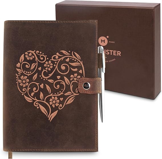 moonster Refillable Leather Journal Embossed Heart Shape Cover Design Journals with Pen Milled A5 Leather Journal Lined Paper - Journals for Women Vintage Journal - 320 Pages