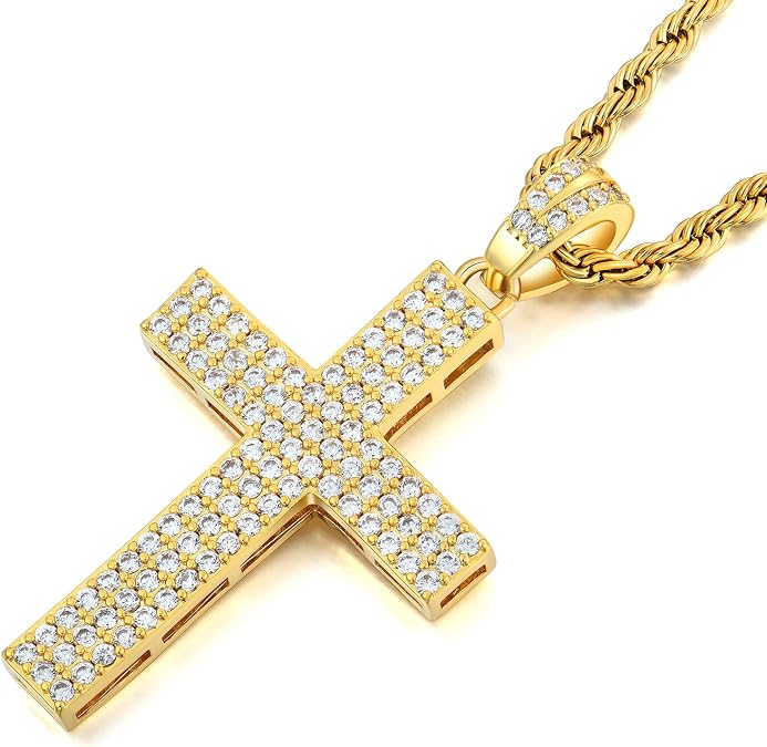 STARCHENIE Men's Cross Necklace Brass Gold Plating Pendant Cubic Zirconia Crucifix Jewelry 24'' Rope Chain