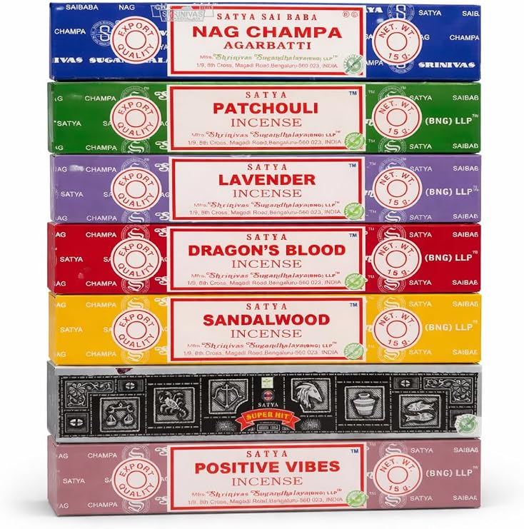 Satya Incense Gift Set Nag Champa, Super hit, Dragon's Blood, Sandalwood, Patchouli, Lavender, Positive Vibes, 15 g