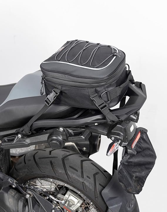 KEMIMOTO Motorcycle Tail Bag, Dual Use Motorcycle Rear Seat Bag with Waterproof Rain Cover, 7-14L Expandable Motorbike Small Bag Luggage Storage Backpack with 6 straps & 1 shoulder strap