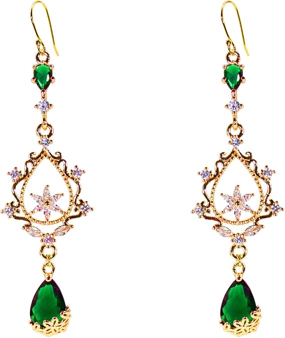 MOMOCAT 18K Gold Plated Emerald Gold and Green Crystal Large Flowers Earrings for Women Dangle Fancy Statement Costume Dark Green Art Deco Earrings Dangling Jewelry