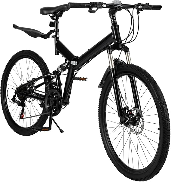 26 Inch Folding Mountain Bike, 21 Speed Dual Disc Brake Bicycle with Mudguards, Carbon Steel Frame Adjustable Seat Anti-slip Handlebar Portable Cycling Bike for Commute Outdoor Riding