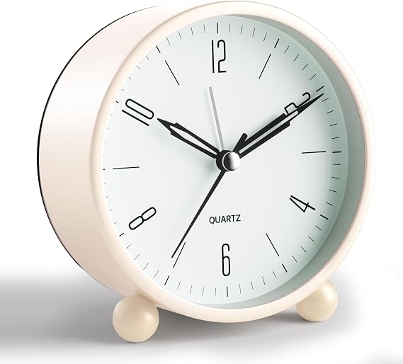 JALL Analog Alarm Clock, 4 inch Super Silent Non Ticking Small Clock with Night Light, Battery Operated, Simple Design, Old Fashioned Style Cream Decor, for Bedroom, Bedside, Desk, Adult, Gift, White