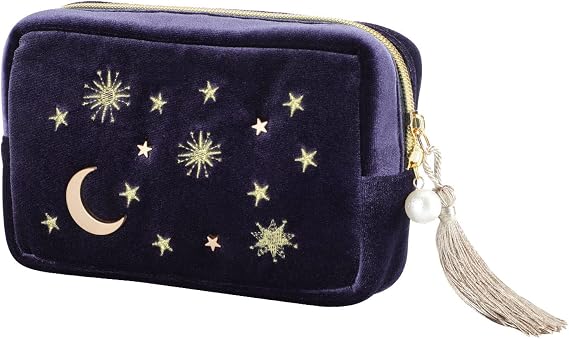 Handy cosmetic makeup bag,Navy Velvet Embroidered Applique Moon Stars Cosmetic Bag,Starry Makeup Pouch with Tassels & Pearl Zipper,Beautician Storage Bag