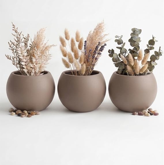 ZEVLİ Japandi Tarzı Modern Küre Saksı 3'lü Set - Su Sızdırmaz Dekoratif Salon ve Balkon Saksısı Hediyelik Çiçeklik Seti (Mocha, Orta Boy)